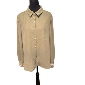 Mlle Gabrielle Cream Tan Long Sleeve Button Down Shirt Women's size large NWT